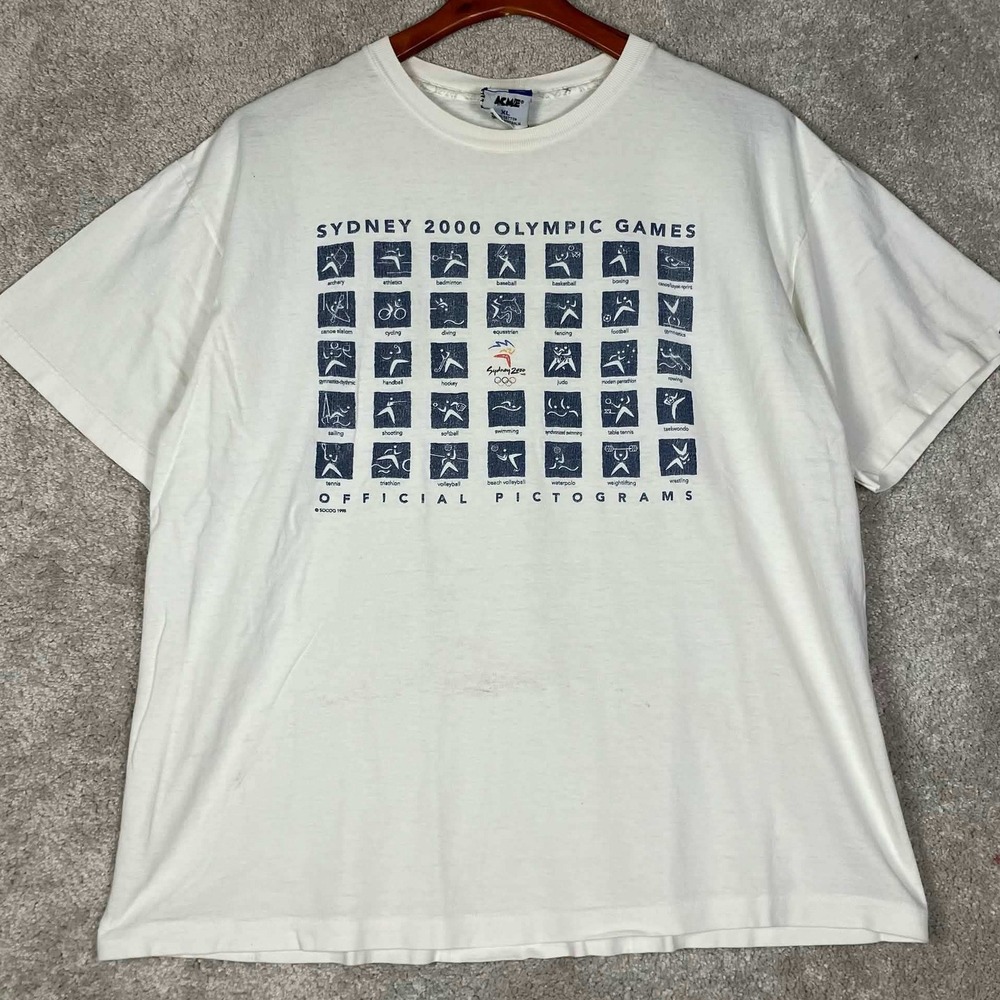 Vintage 2000 Olympic Games T-Shirt Men XL White Sydney Official Pictograms Acme